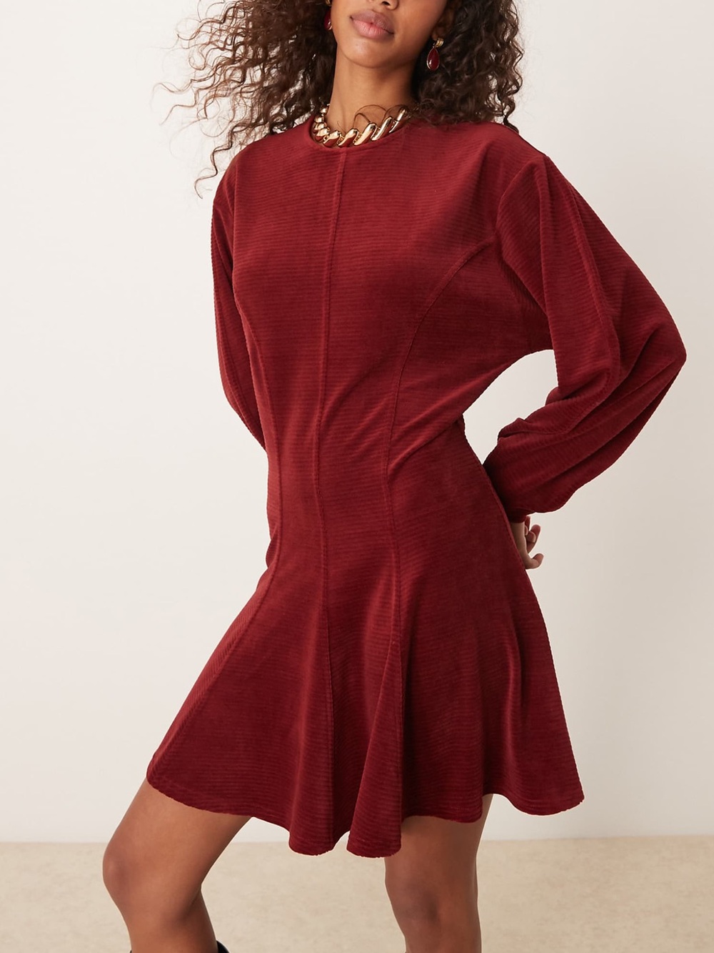 ASOS design Women's Corduroy Fit-and-Flare Dress in Deep Red